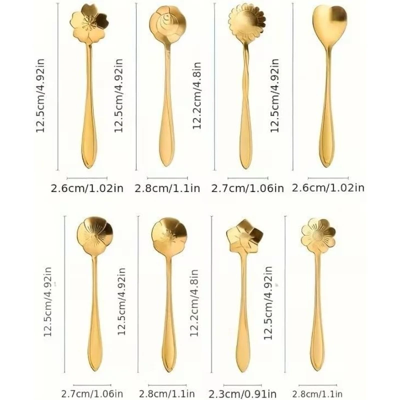 6Pcs Stainless Steel Flower Shape Spoons Golden Long Handle Random Type  Dessert Coffee Mixing Spoon (8 Types in Total)