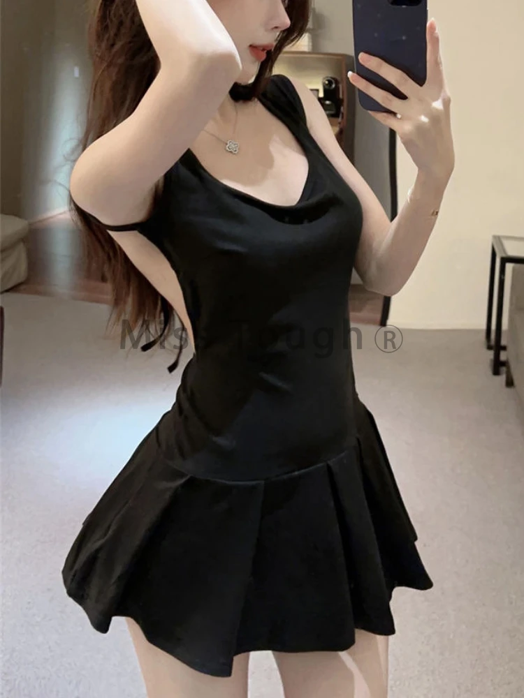 Pure Desire Sweet Sleeveless Halter Dress Female Summer Solid Round Buttock Clothing Women Beautiful Sexy Pleated Black Dress