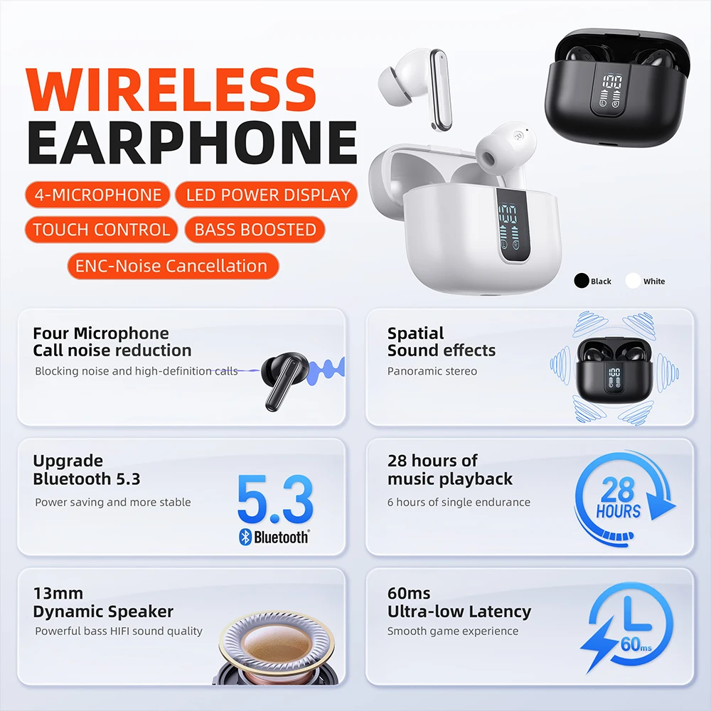 for QERE E50 quad microphone ENC TWS earphones wireless earphones gaming in ear Bluetooth earphones