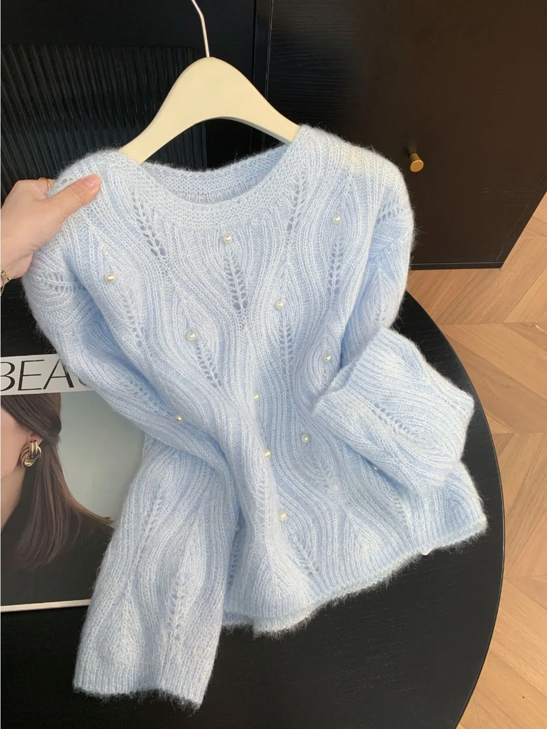 

Мягкий ажурный вязаный топ с бусинами для женщин, круглый вырез, свободный крой, повседневный стиль, весенняя мода, универсальный, весна-осень