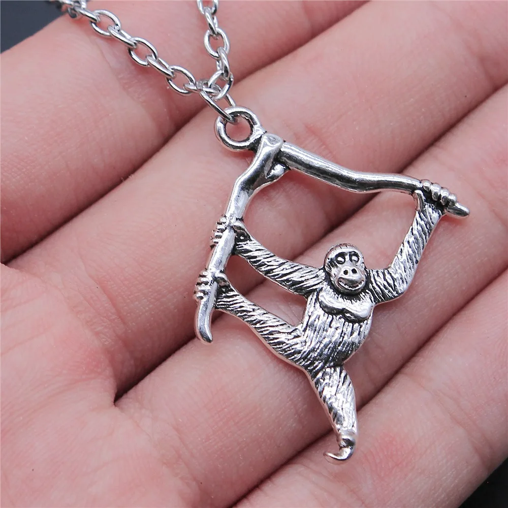 Vintage Antique Silver Plated 39x32mm Orangutan Monkey Pendant Necklace For Women Men Long Chain Trendy Jewelry Accessories