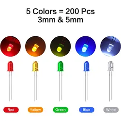 200 Pcs Led Diode, 3mm 5mm Clear LED Light Emitting Diodes Bulb LED Lamp Red Green Blue Yellow White, for Science Experiment