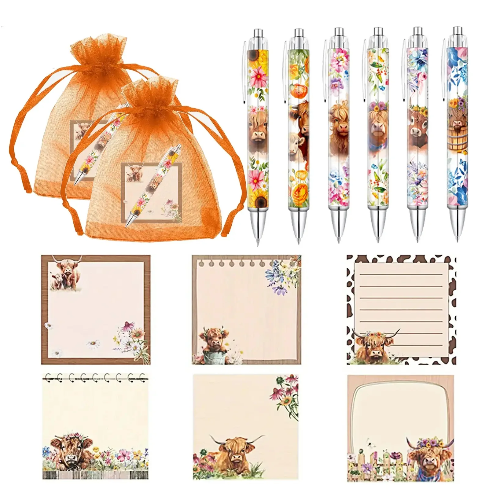 

18 наборов хайлендской коровы, которые содержащие 6 липких заметок, 6 ручек и 6 сетчатых пакетов — идеальный рождественский подарок для любителей коровы.