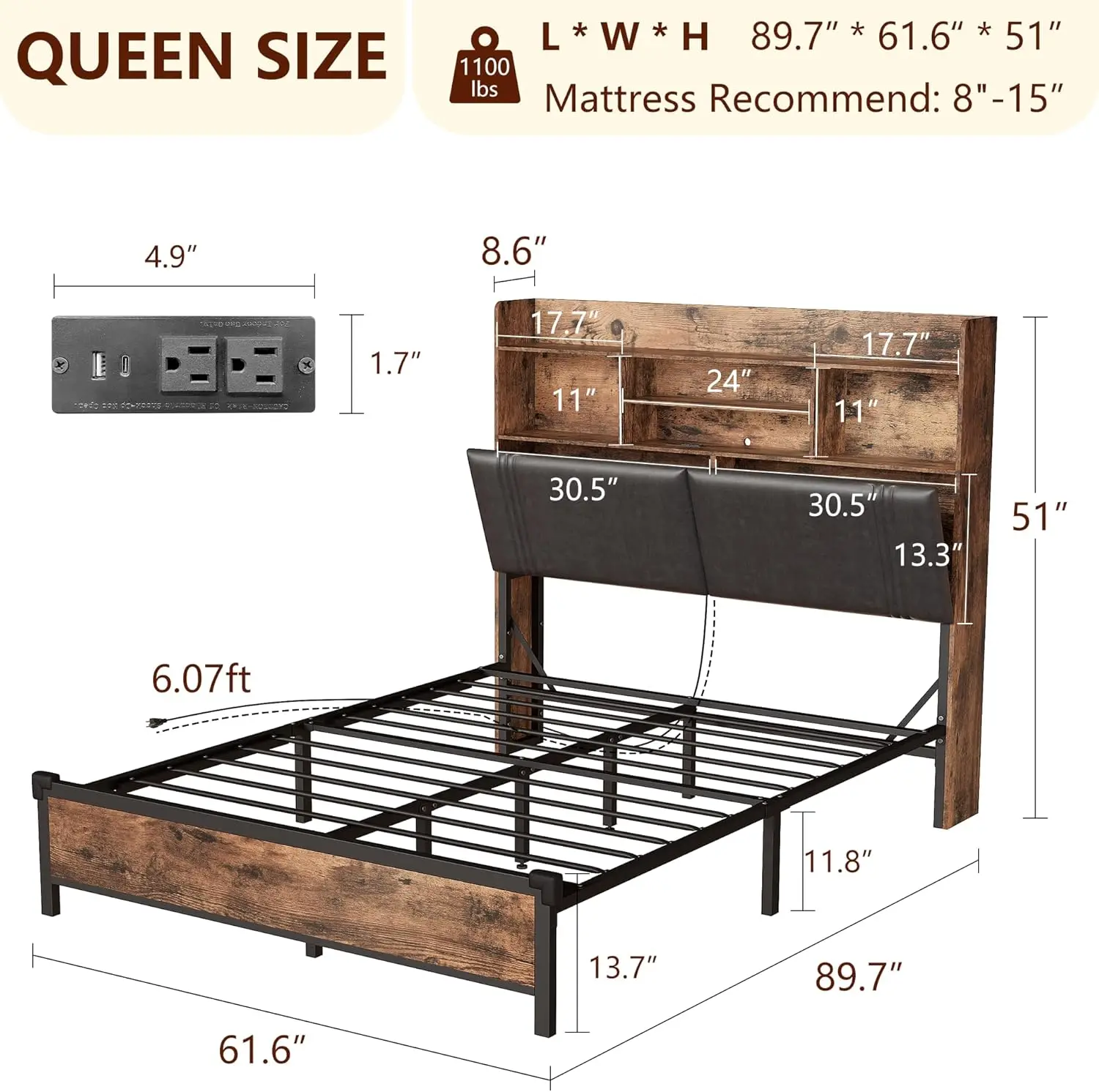 Queen Size LED Upholstered Platform Bed Frame, Built-in Storage Headboard, Type-C & USB Ports, No Box Spring Required