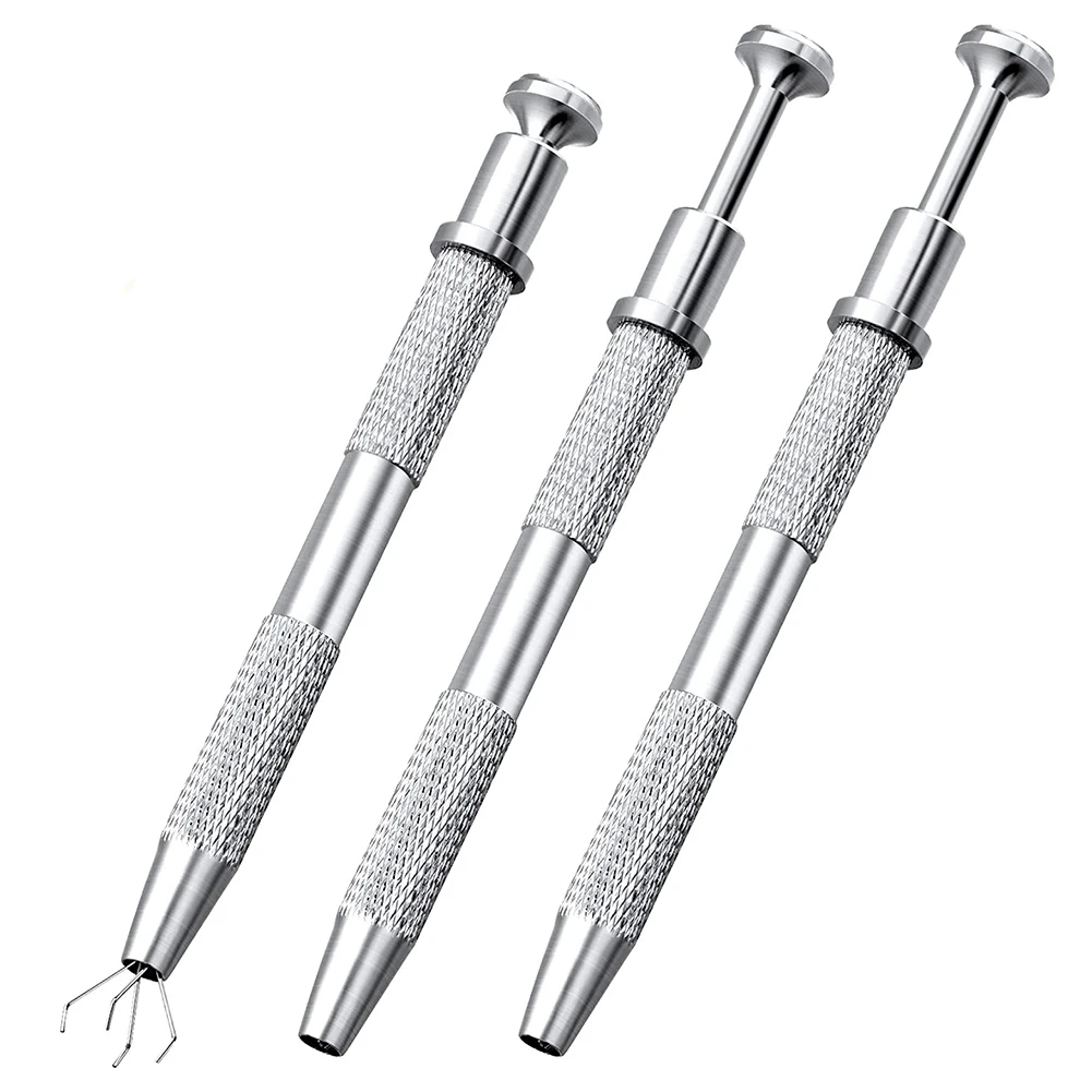 3 Pack Stainless Steel 4-Claw Pick Up Tool, 4 Prongs for IC Chip, Electronic Components, Silver