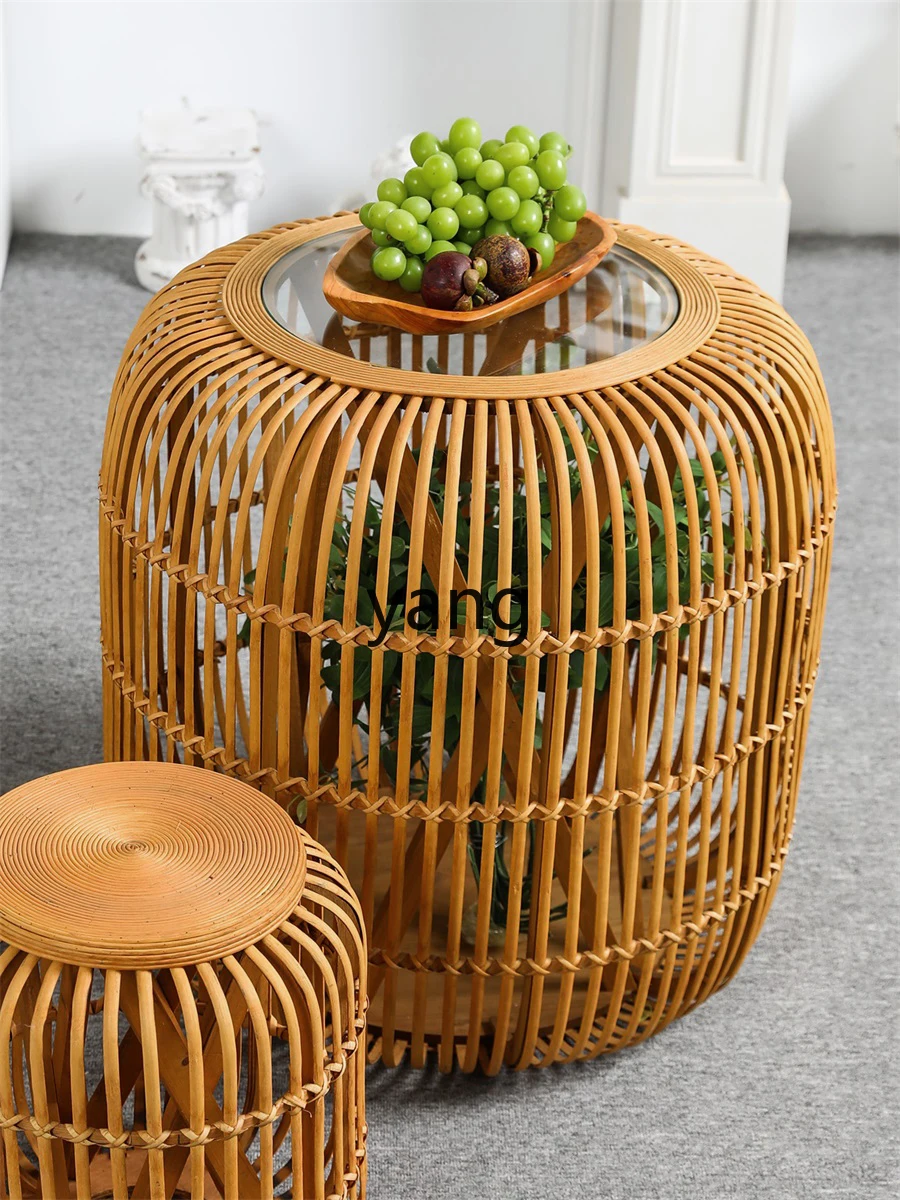 Yjq Rattan Tea Table Handmade Rattan Stool Living Room Balcony Home Small Apartment B & B Glass High round Table