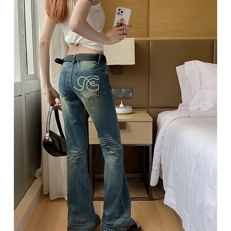 

2023 Spring Women's Clothing Jeans High Waist Straight Sleeve Spicy Girl Retro Irregular Cut Back Pocket Print Flare Floor Pants