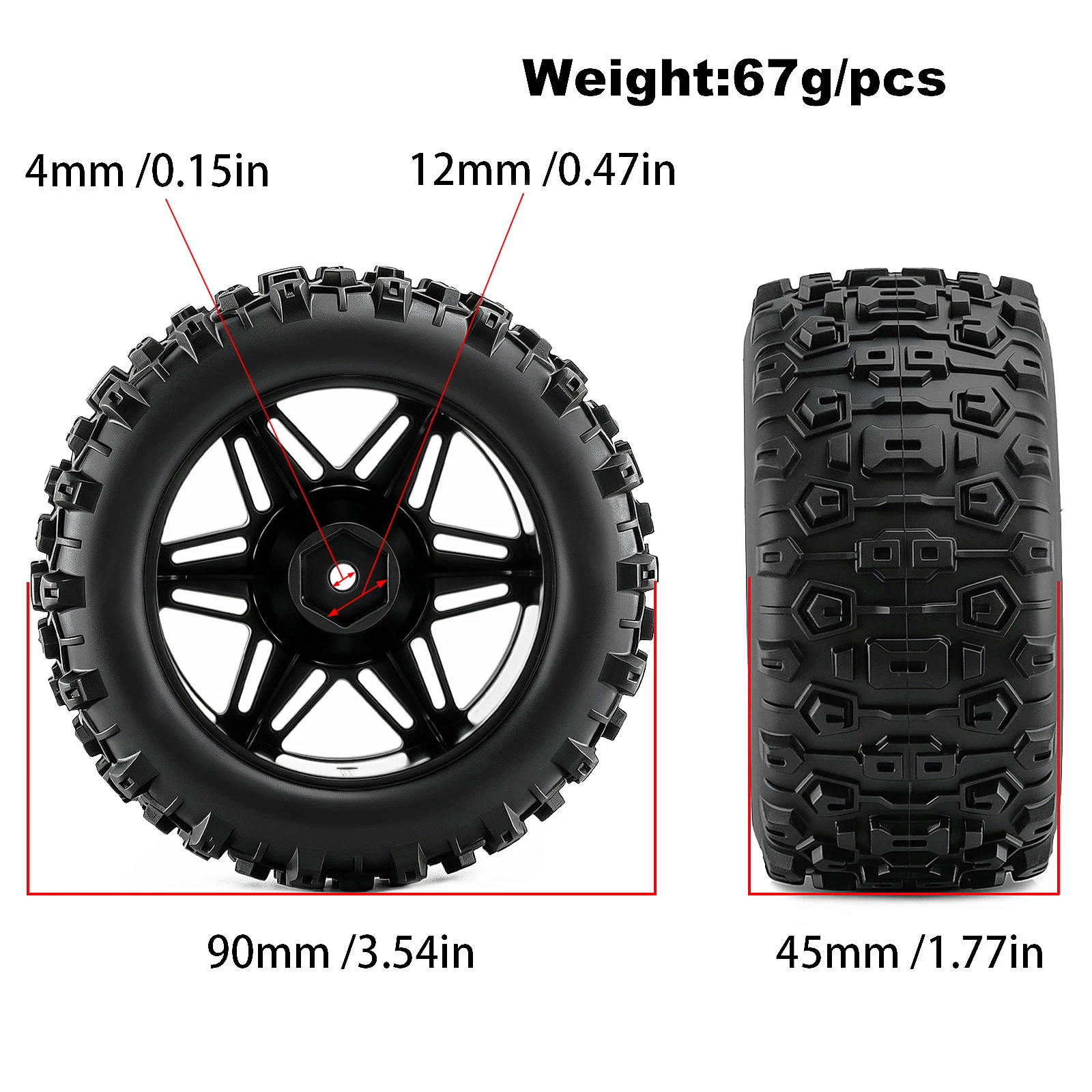 4pcs High‑Grip Rubber 90*45mm Wheels & Tire Set with 12mm Hex for 1/16 ARRMA Mini Kraton 3S BLX Off‑Road RC Truck