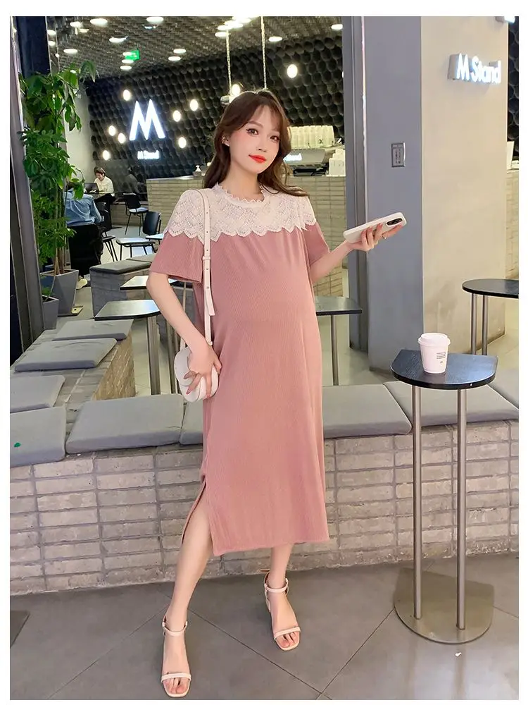 Summer Korean Style Elegant Pregnant Women Loose Dress Short Sleeve Lace Patchwork Side Split Maternity Pleated Dress Black Pink