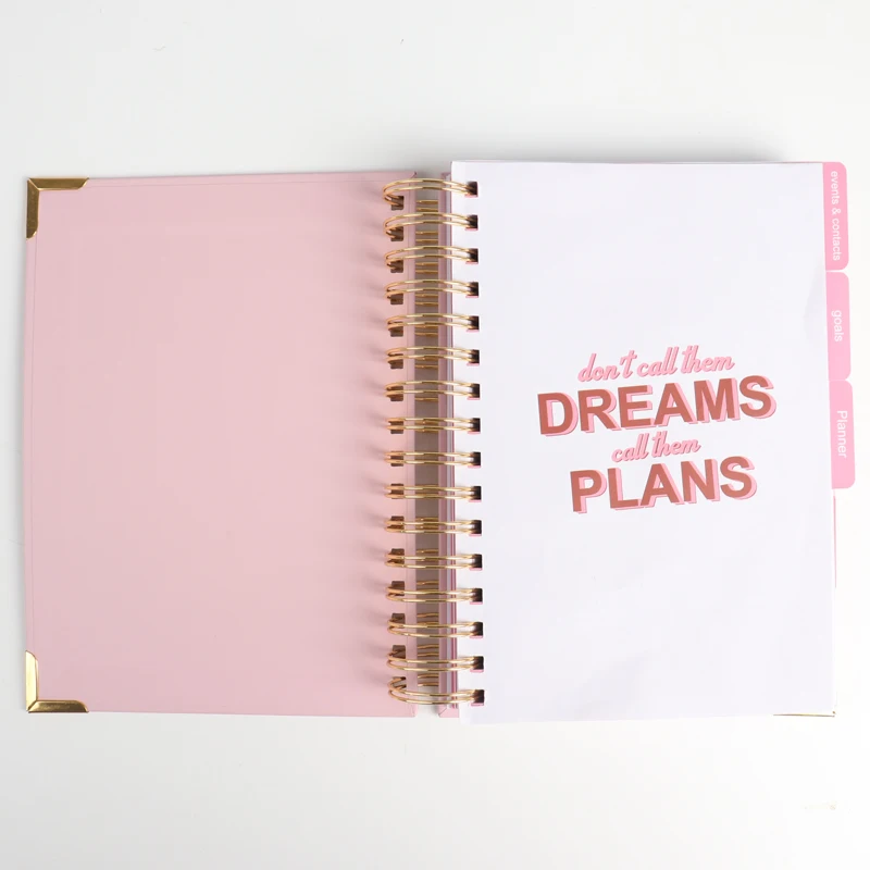 Gold Spiral Binding Hardcover Pink Cover Daily Goals Planner and Journal Set Customized With Box