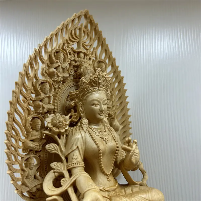 Wood Carved Green Tara Small Figurine Tibetan Buddhist Religious Display Statue for Bookshelf Decor and Meaningful Gift Giving