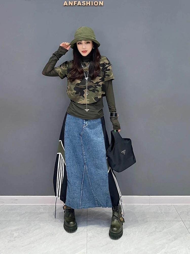 Vefadisa 2024 Autumn Winter New Women Denim Contrast Color Single Piece Half Skirt Personalized Fashion Women\'s Wear ZY3187