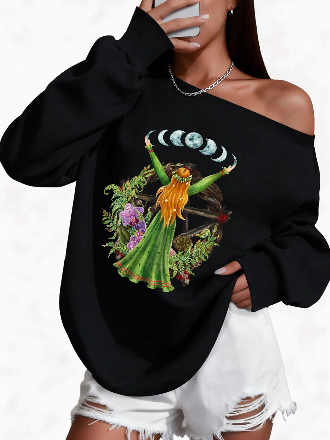 Picture 3: Plus Size 50% Cotton Floral Moon Phase Graphic Print Sweatshirt High Quality Women'S Off-Shoulder Wide Neck Sweatshirt Warm C