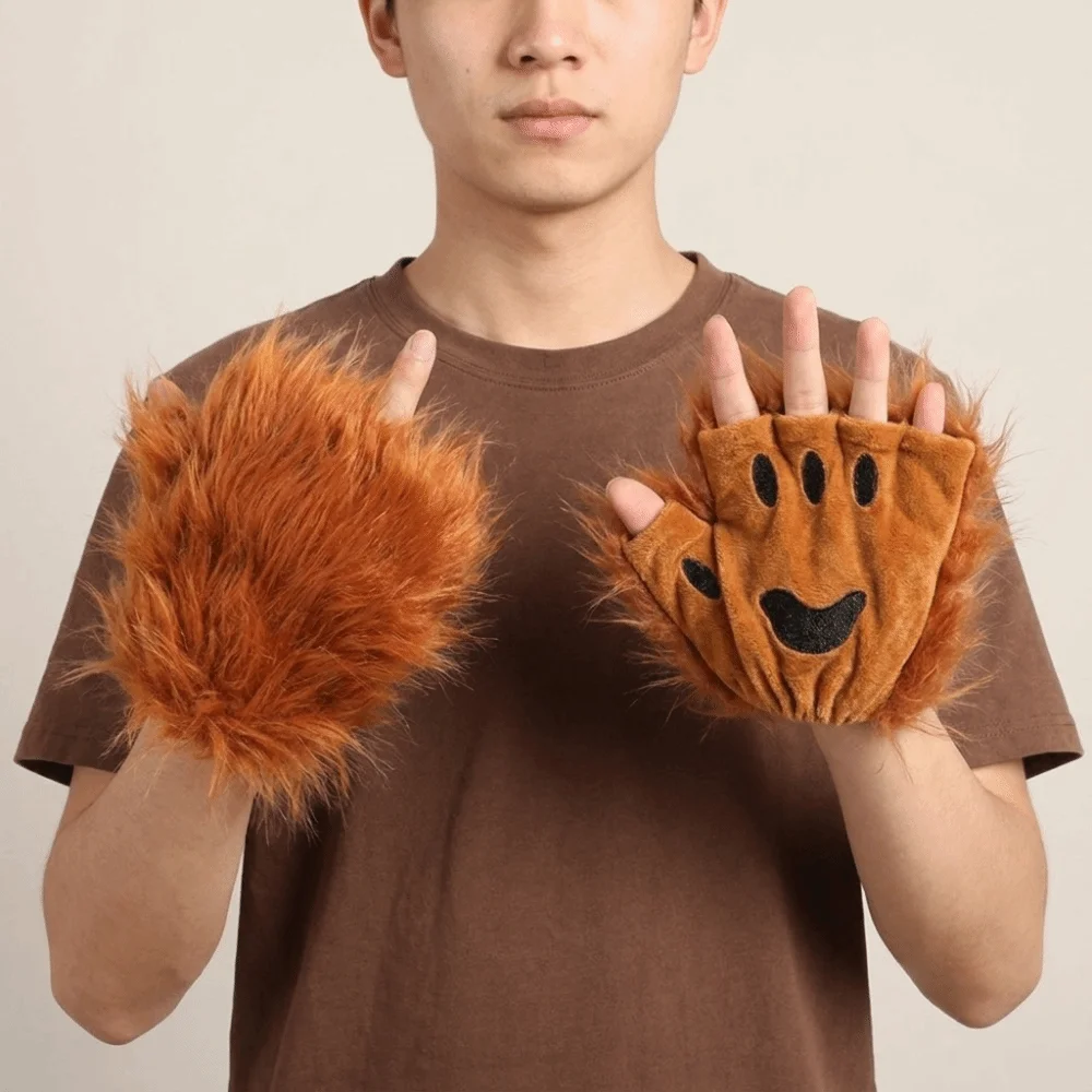 Polyester Halloween Gloves Half Finger Wolf Claw Bear Paw Gloves Animal Fluffy Cat Paw Mittens Male/female