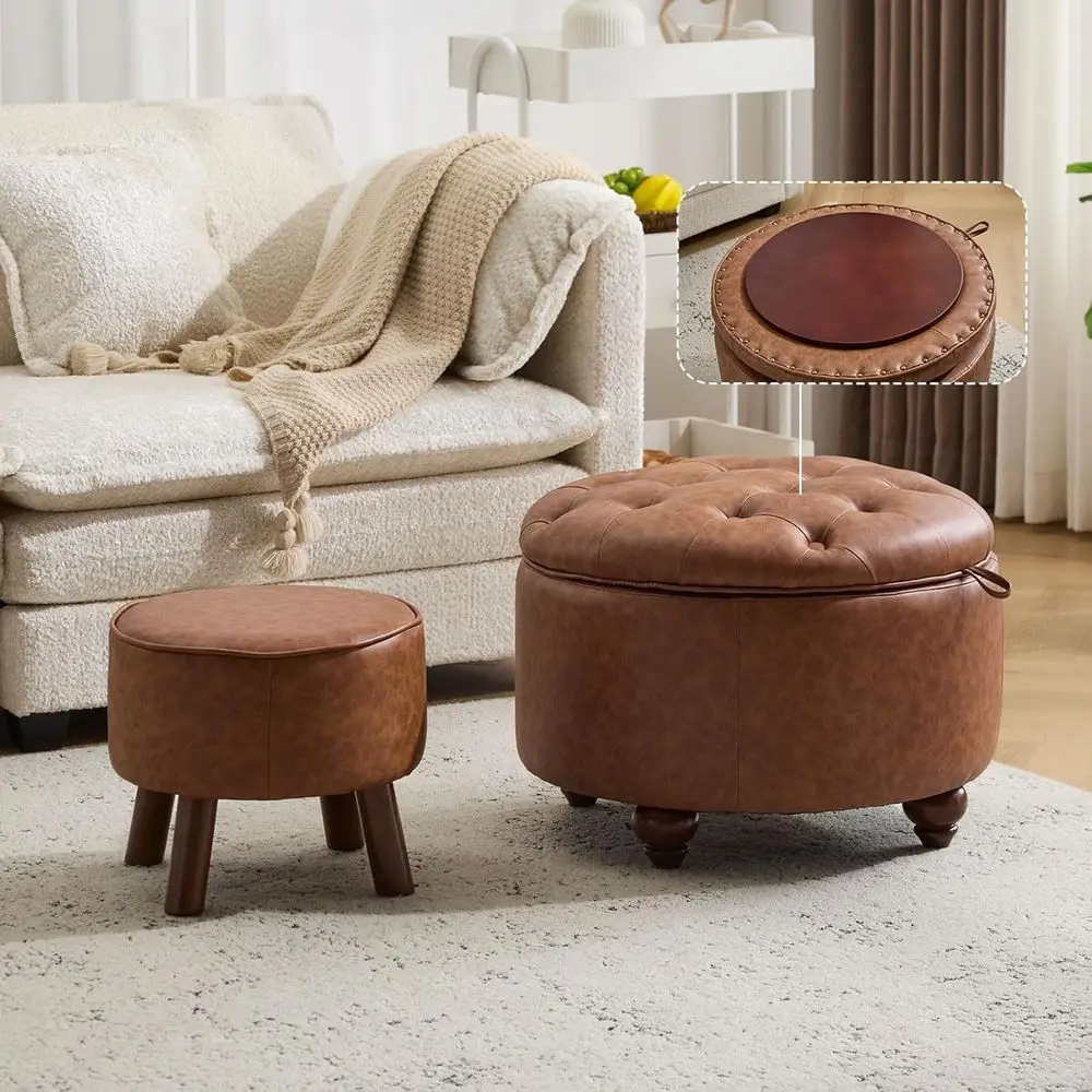 24Inch Round Storage Ottoman, Set of 2, PU Leather Coffee Table with Removable Top, Upholstered Ottoman with Storage Footrest St