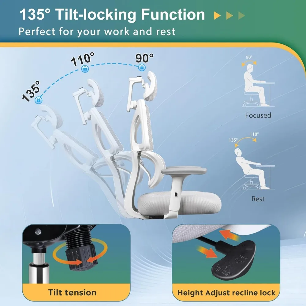 Office Chair Big and Tall Reclining Ergonomic Desk Chair for Long Hours, Comfy Breathable Mesh, Adjustable Armrests