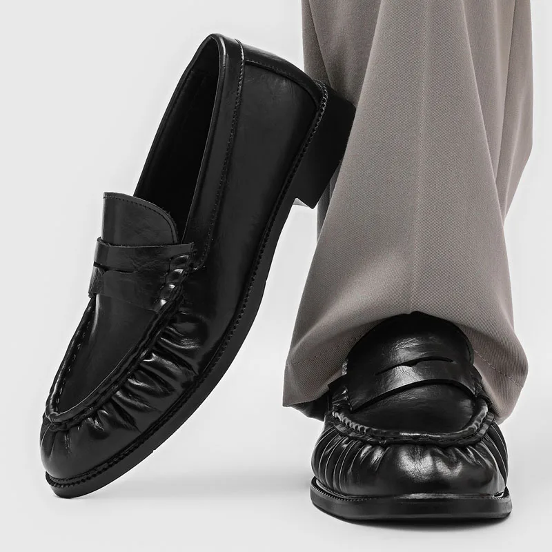 Casual Leather Shoes Men's Business Formal Commute  Shoes Folded Lazy One-Step Loafers Old Money Style Glue Adhesive Shoes