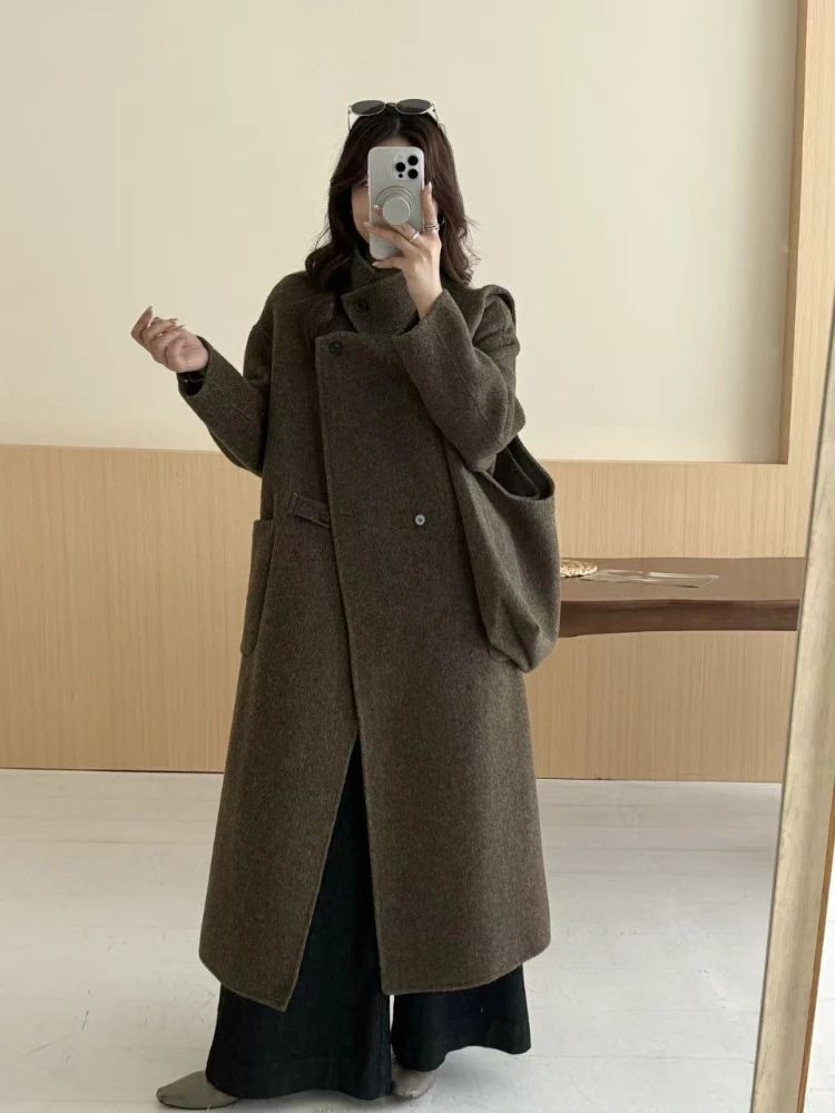 معطف صوف طويل جديد لعام 2025 لخريف/شتاء بربطة عنق مع حقيبة سترة نسائية فضفاضة موضة غير رسمية سميكة دافئة سترات صوفية على الوجهين #4