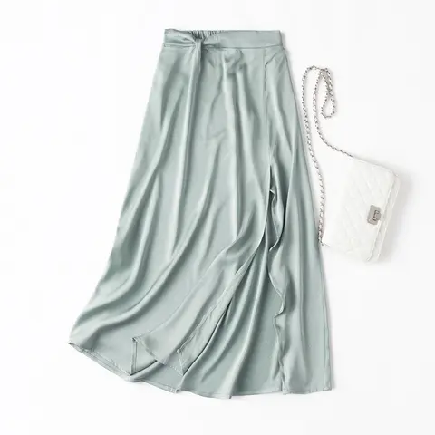 Women's Silk Skirt 93% Mulberry Silk 7% Spandex Light Green Solid Color Summer Beach Split Skirt for Office Wear 2026 MM646