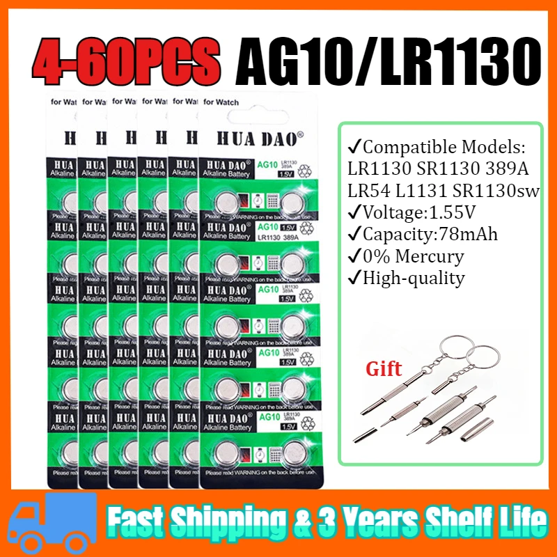 4-60PCS AG10 LR1130 Button Battery LR 1130 SR1130 389A LR54 L1131 For Alkaline Battery Watch Hearing Aid Flashlight Calendar Toy