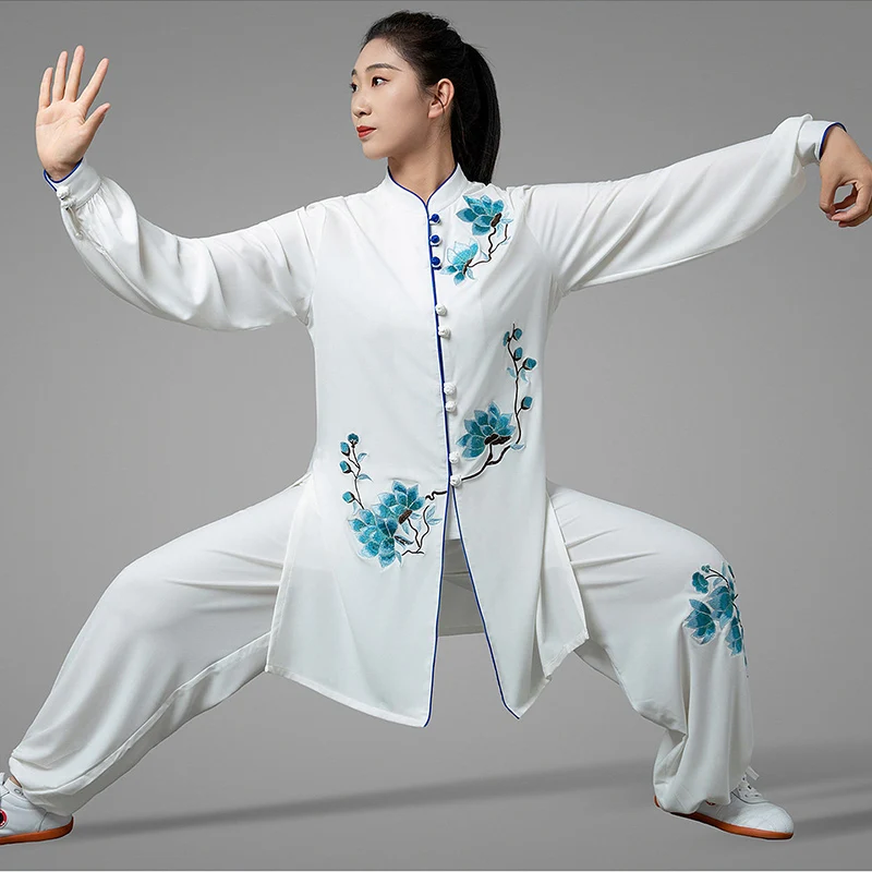 Custom Women's White Magnolia Embroidery Tai Chi Suit - High-End Double Silk Hemp Spring Summer Baduanjin Practice Uniform