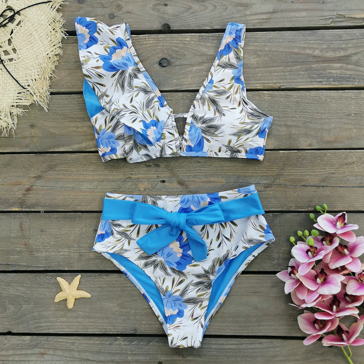 2024 New Sexy High Waist Bikini Set Women Swimwear Ruffle Belt Swimsuit For Ladies Solid Printed Bathing Suit Female Beachwear