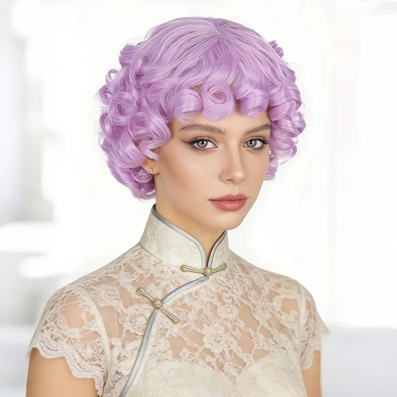 14 Inch African Purple Curly Synthetic Wig, Rose Mesh, Breathable and Heat-Resistant, Easy to Wear, Suitable for All Women