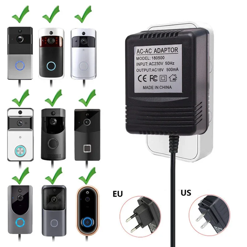 Adaptador de corriente para timbre de vídeo inalámbrico Wifi, adaptador de corriente para cámara, enchufe de EE. UU., Reino Unido y UE, transformador de CA de 18V, cargador de anillo de intercomunicación de Video IP de 110V-240V