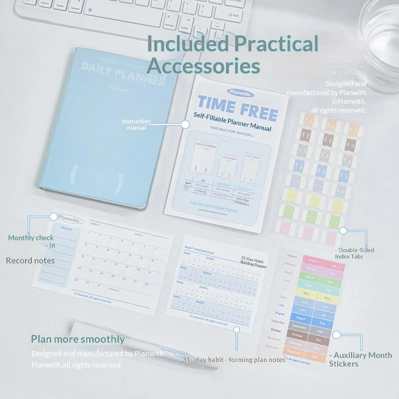 Planwith Undated Daily Planner 100g Cloud Paper 12 Monthly Plans 53 Weekly Pages A5 Notebook Stickers Manual Organizer Journal