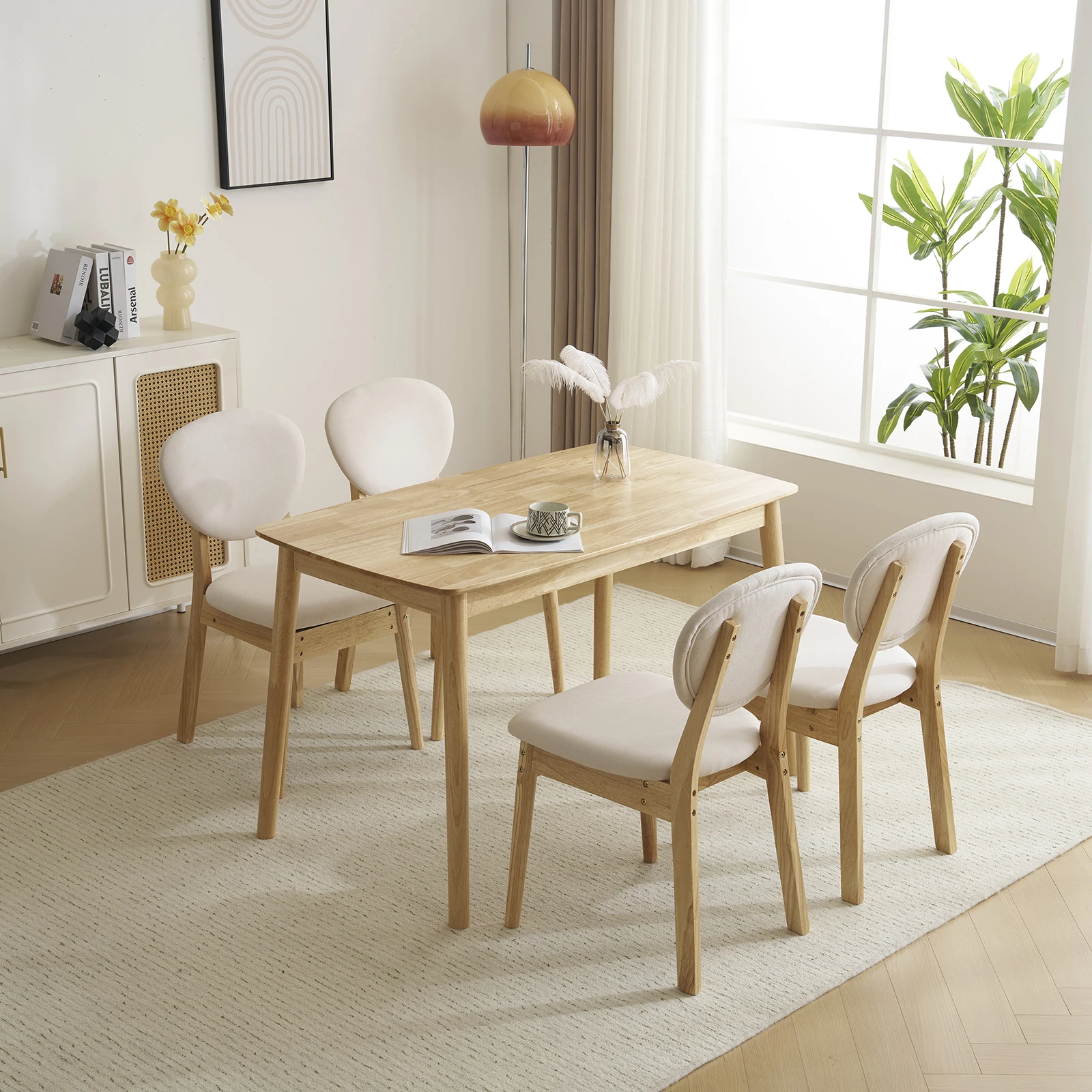 Disassembly rubber wood soft package wood color dining table and chair set 1 table 4 chair beige cushion rectangular