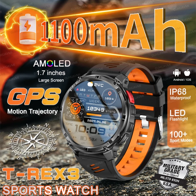 Ao ar livre militar 1100mah bateria ultra durável relógio inteligente lanterna bluetooth chamada 5atm à prova dwaterproof água esportes fitness relógio inteligente