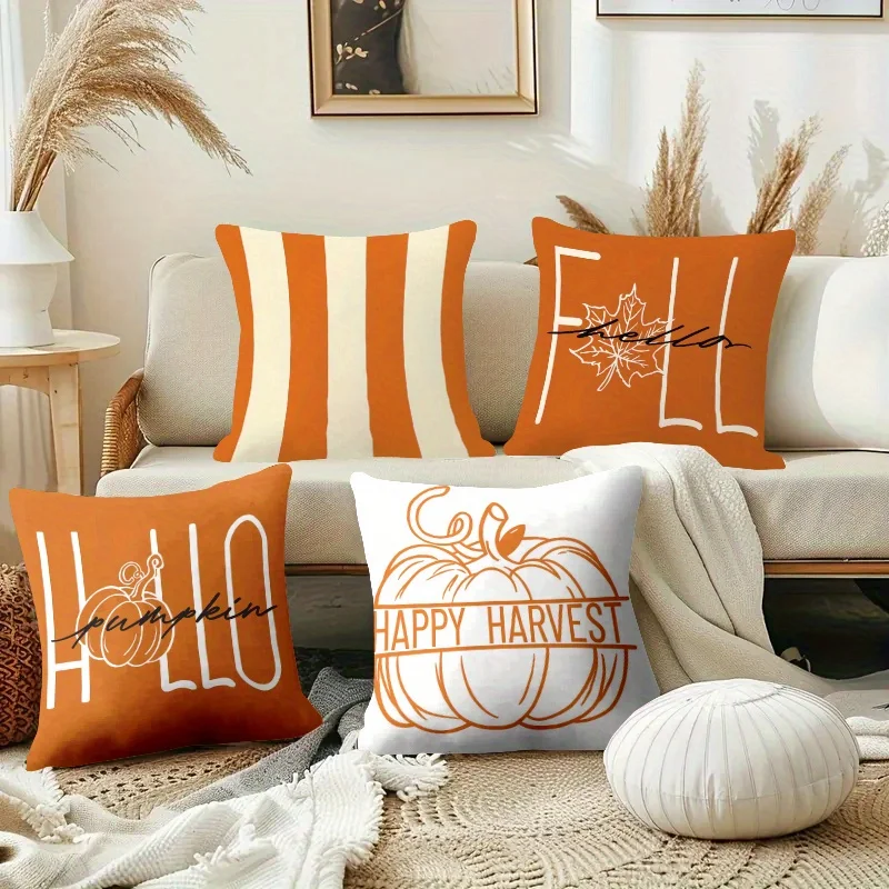 Autumn Fall Halloween Pumpkin Harvest Seasonal Decorative Throw Pillow Covers Set of 4 Orange Home Decor