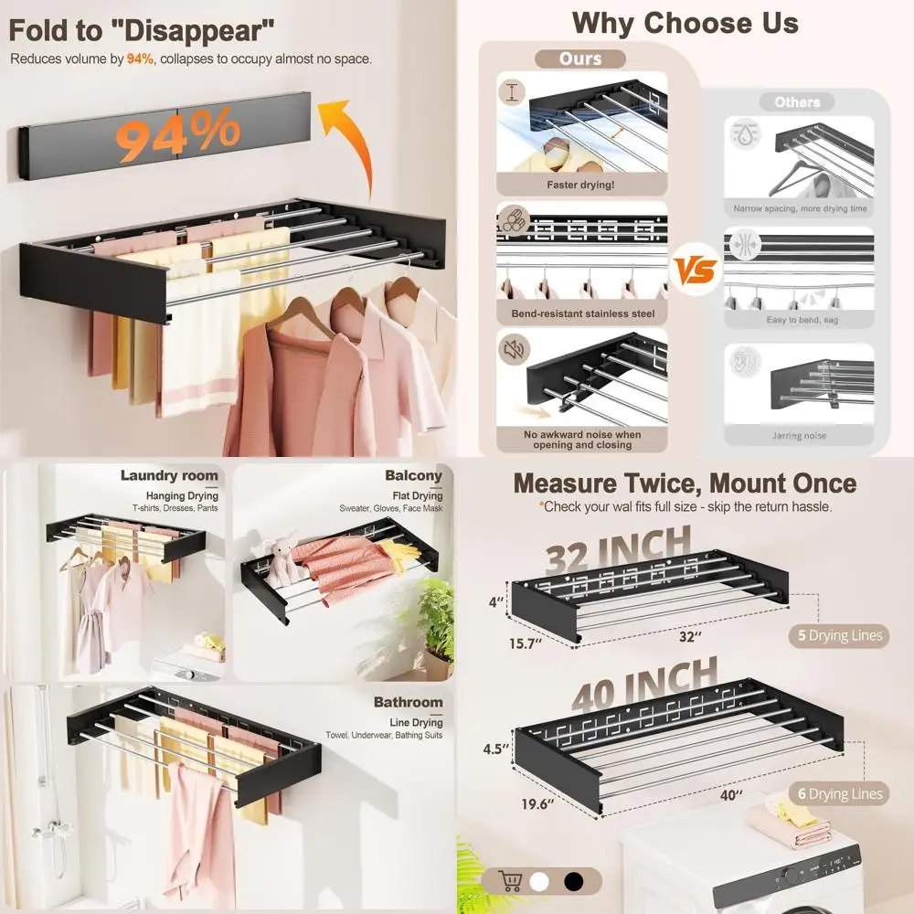 

Складная сушилка для белья для дома, настенная, выдвижная, экономит место, 6 штанг, черная, 40 дюймов