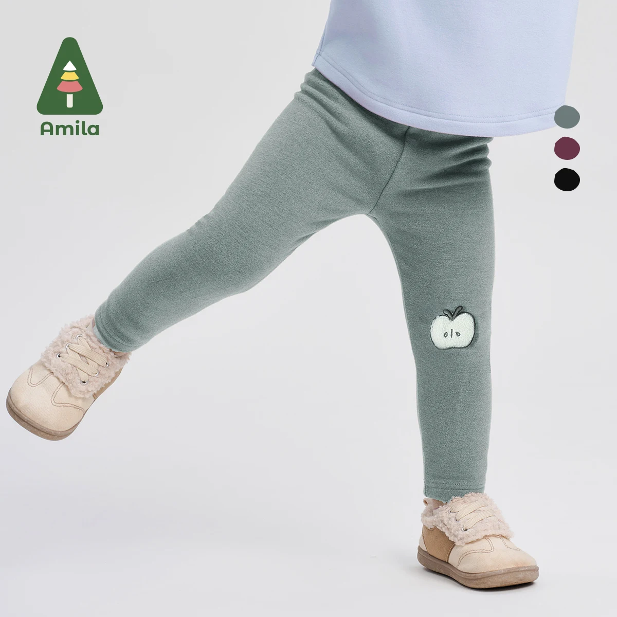 Amira Baby Pants 2024 Winter New Style Girls Multi-Color Apple Pattern One-Piece Velvet Warm Basic Versatile Children\'s Leggings