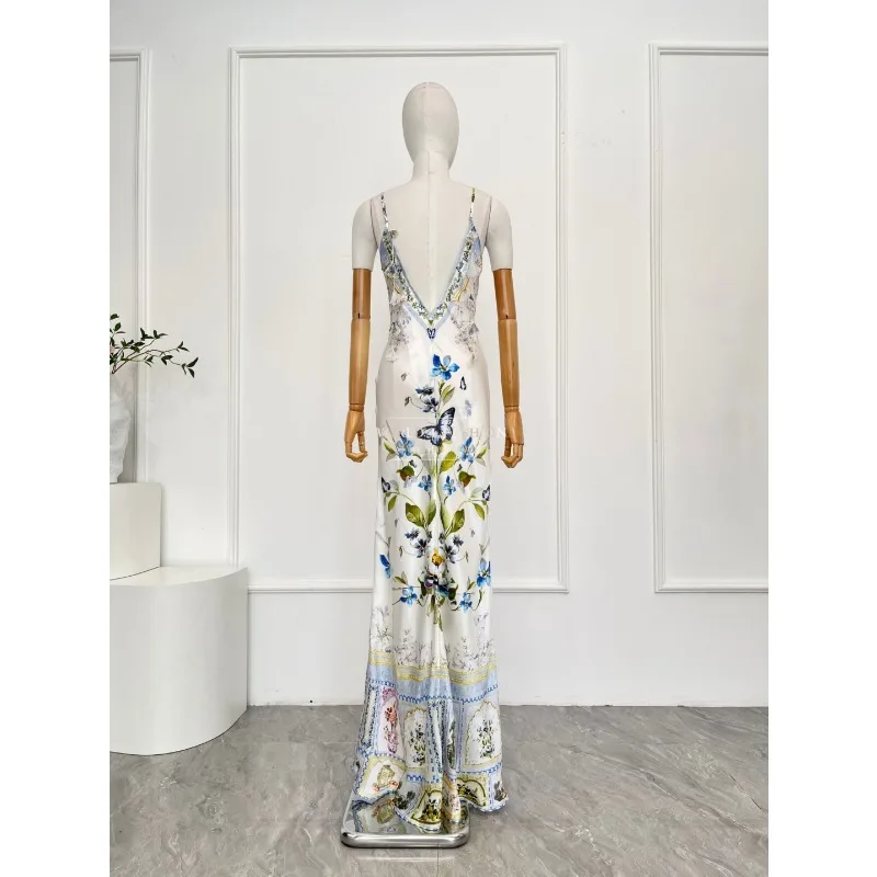 Cut Out Waist Halter Midi Dress for Holiday New High Quality Silk Blue Floral Print Sleeveless