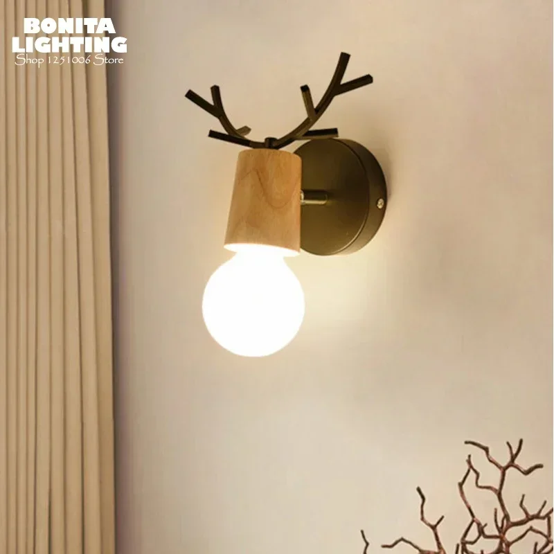 Nordic Antlers Wooden Wall Lamp Kidsroom Aisle Home Christams Lighting Decoration Angle Adjustable Macaron Small Wall Scones