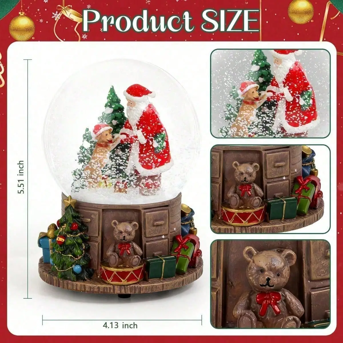 Christmas Snow Globe  Santa With Dancing Dogs Scene, Holiday Music Box For Kids