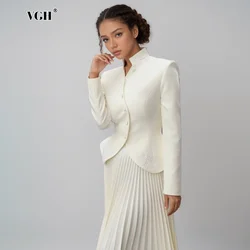 VGH Solid Two Piece Set For Women Stand Collar Long Sleeve Spliced Button Tops High Waist Folds Skirt Chic Casual Set Female New