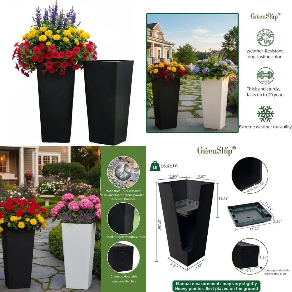 

Large Black Tall Planters Set of 2 - 27 Inch Outdoor Indoor Pots with Drainage and Inner Shelf for Large Flower Plants