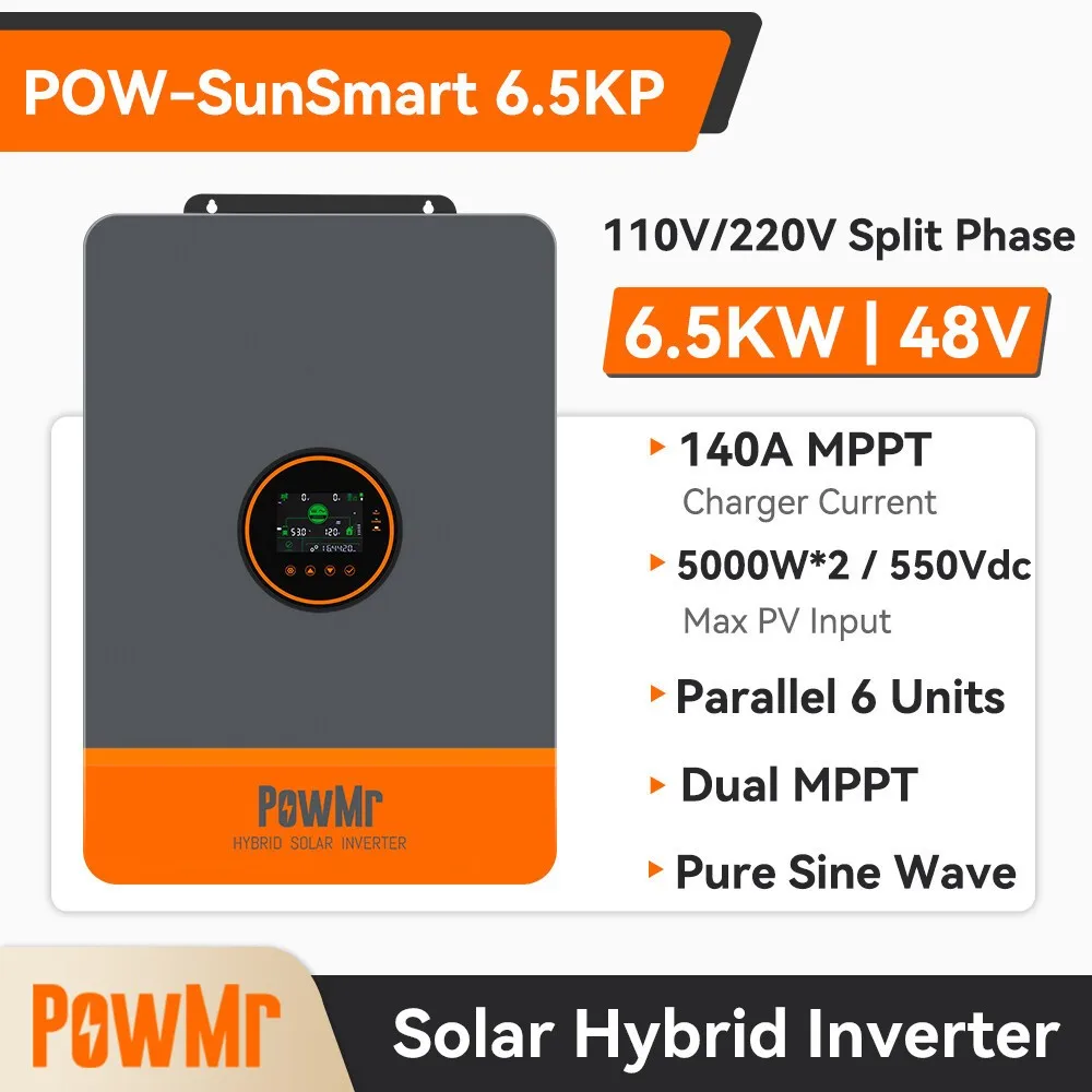 

Солнечный инвертор PowMr 48 В, 6,5 кВт, 120/240 В, разделенная фаза, двойной MPPT, 140 А, контроллер заряда, совместимый аккумулятор или без батареи, 6 параллельных