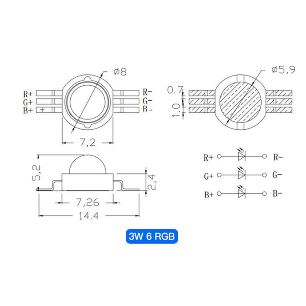 ABZV-10Pcs 3X3W عالية الطاقة RGB أحمر أخضر أزرق مصباح ليد مصباح توفير الطاقة حبيبات مصباح مستديرة متفاوتة الأحجام لمبات 6PIN 45MIL 3 واط رقاقة عالية الطاقة