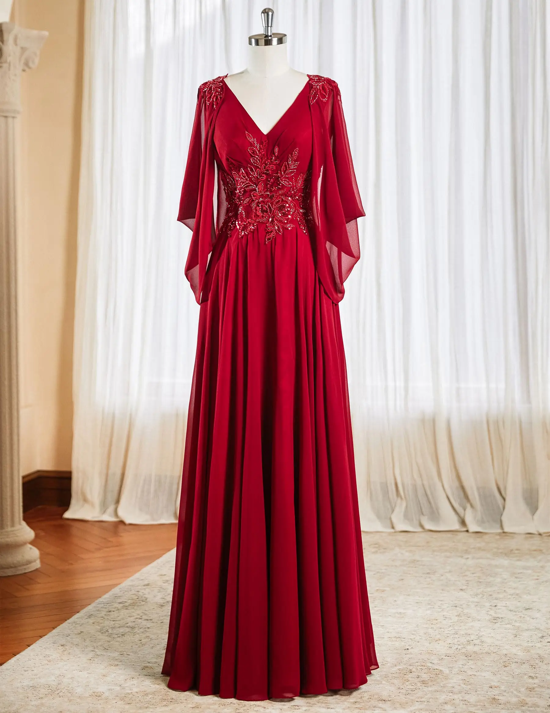 브이넥 쉬폰 신부 어머니 드레스 레이스 아플리케 여성용 정장 드레스 긴 이브닝 가운(소매 포함)