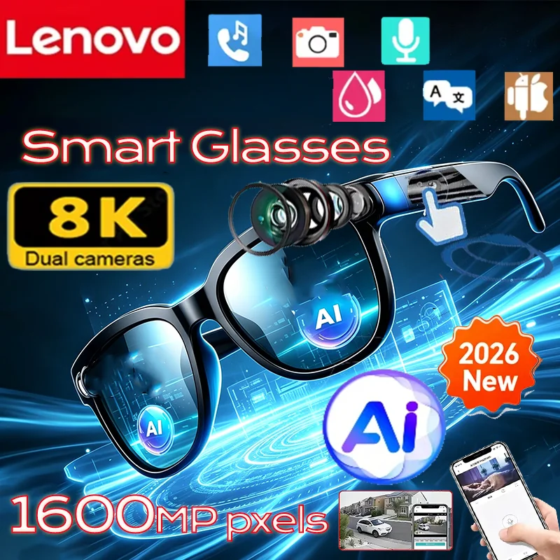 Lenovo AI Smart 8K Wireless Glasses Bluetooth Sunglasses 2026NEW Remote Control Touch Photo Recording Voice Assistant Translator