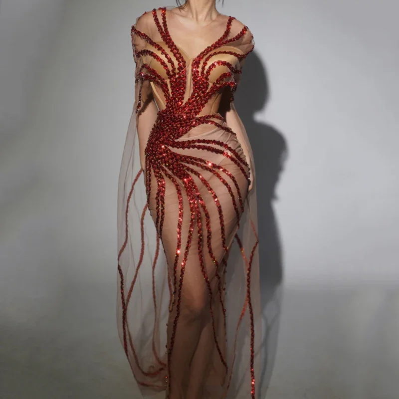 Women Singer Event Dress Gown Sexy Perspective Mesh Catwalk Outfit Sequins Party Celebrate Dress Stage Performance Wear