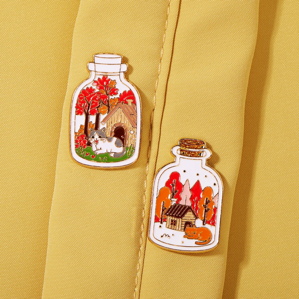 Bottle Forest Kitty Enamel Pin 4 Styles Seasonal Forest Lapel Badges for Nature Lover & Cat Pet Culture Souvenir Brooches