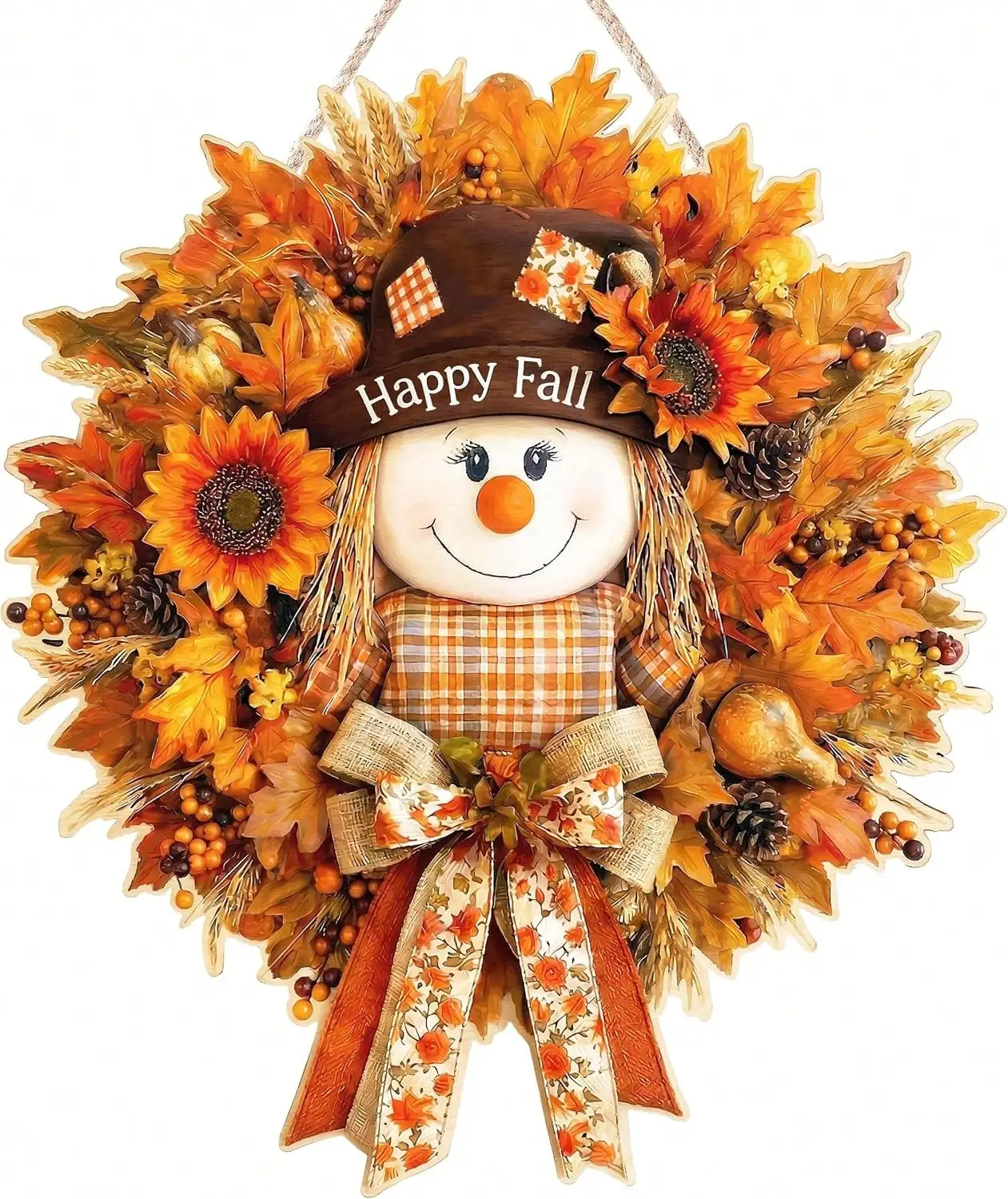 2D Plane,Fall Decorations For Home Wooden Fall Decor Scarecrow Door Wreath For Front Door Farmhouse Scarecrow Maple Leaf Welcome Sign Door Hanger For Autumn Harvest Thanksgiving Outdoor Indoor Wall Home Decor