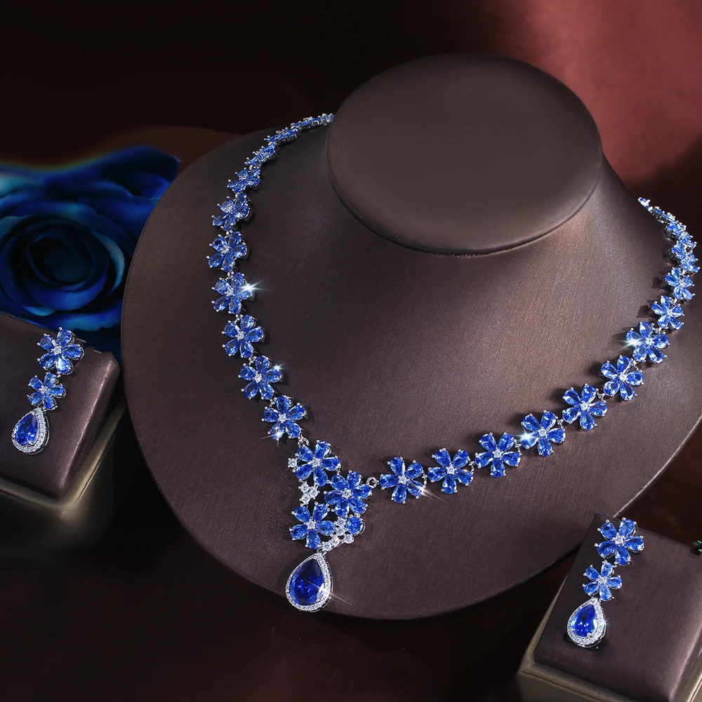 ThreeGraces Elegant Shiny Water Drop Synthetic Tanzanite Flower Shape Bridal Wedding Evening Party Jewelry Set for Women T1113