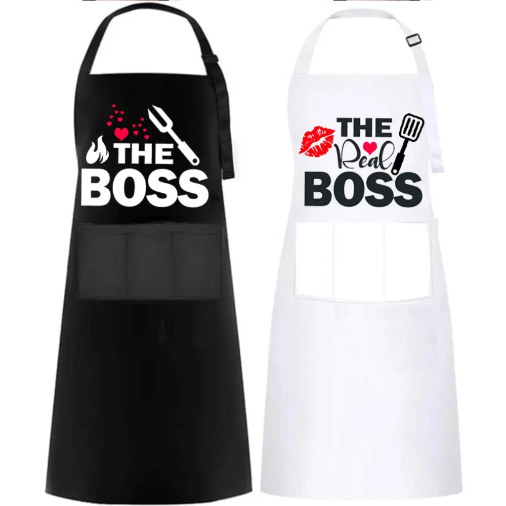 2Pcs/Set Funny Aprons for Couple The Boss & The Real Boss Kitchen Aprons Set for Baking Cooking Birthday Wedding Engagement Gift