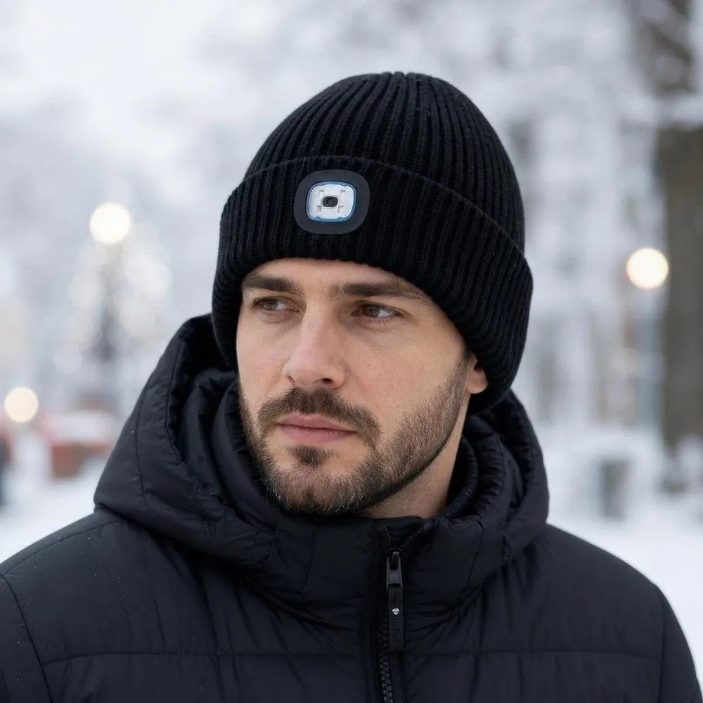 Rechargeable LED Light Beanie White LED Light Three Brightness Levels Illuminated Knitted Hat Knitted Warm and Elastic
