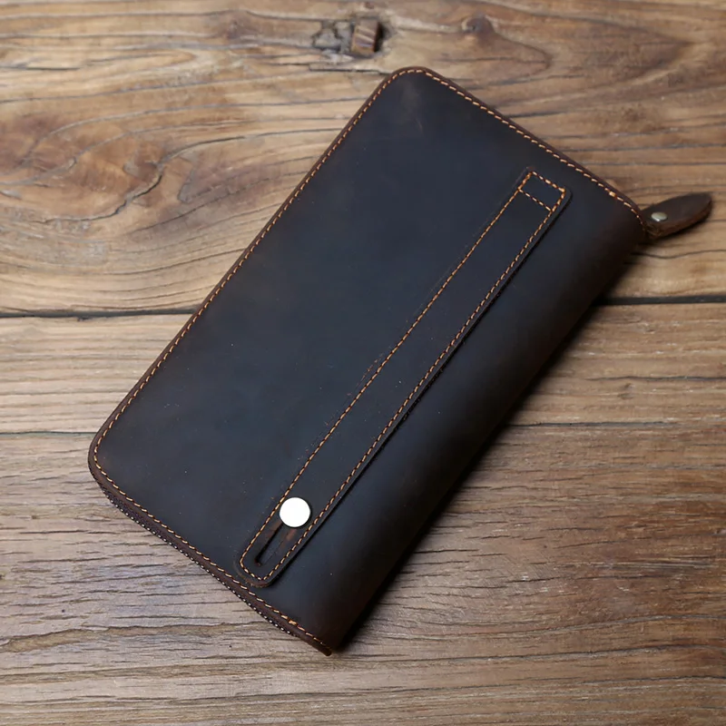 NZPJ Vintage Herren Lange Leder Geldbörse Crazy Horse Leder Handytasche Natürliches Rindsleder Clutch Bag Multifunktionale Geldbörse Kartentasche – Detail 8